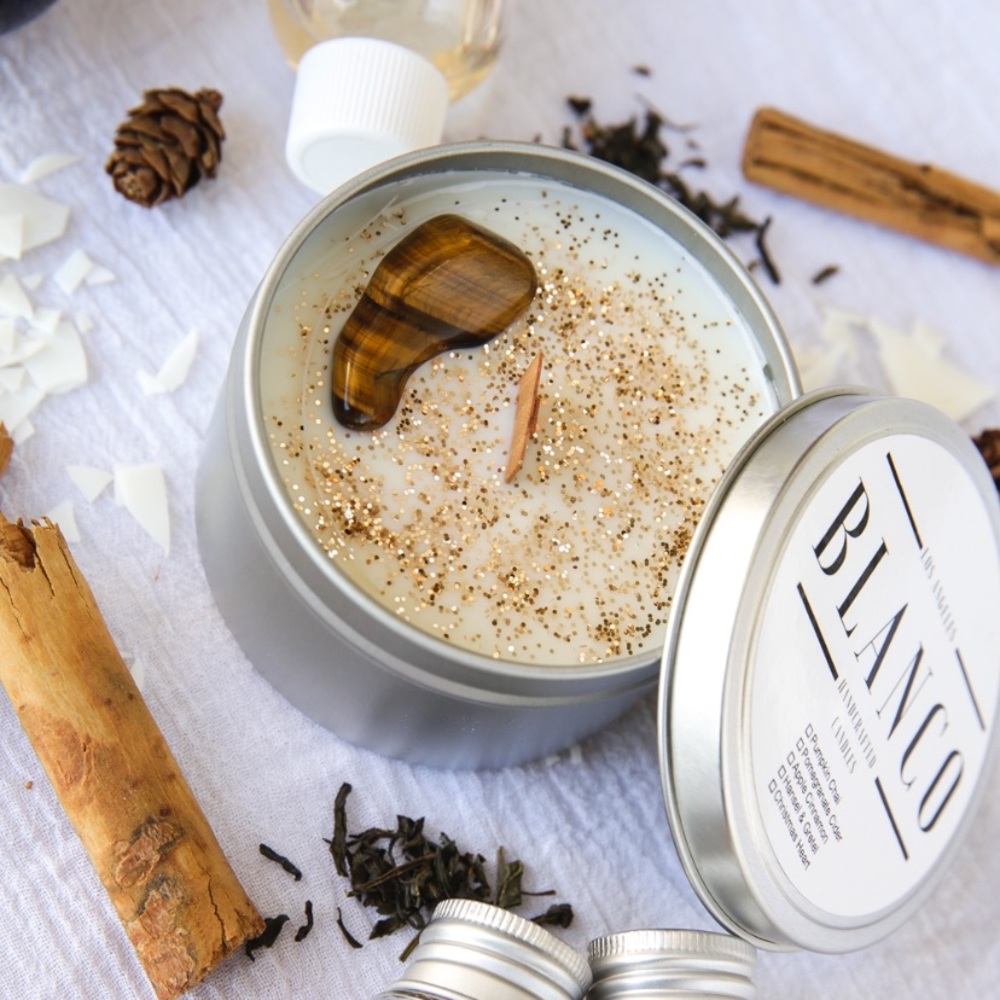 Handmade Soy Wax Candle with Tigers Eye Crystal